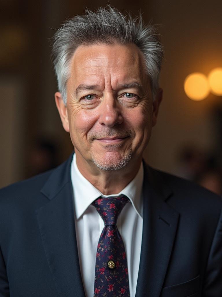 Formal business portrait with a humorous twist. Subject wears a suit and tie. The setting is indoors with soft lighting.