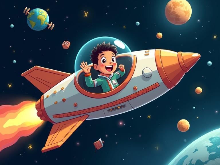 A whimsical space scene shows a boy in a colorful spaceship. The spaceship glides past planets and stars. A child smiles and waves inside. Floating snacks and a ball are present. A star map displays the destination moon. The atmosphere feels playful and curious.