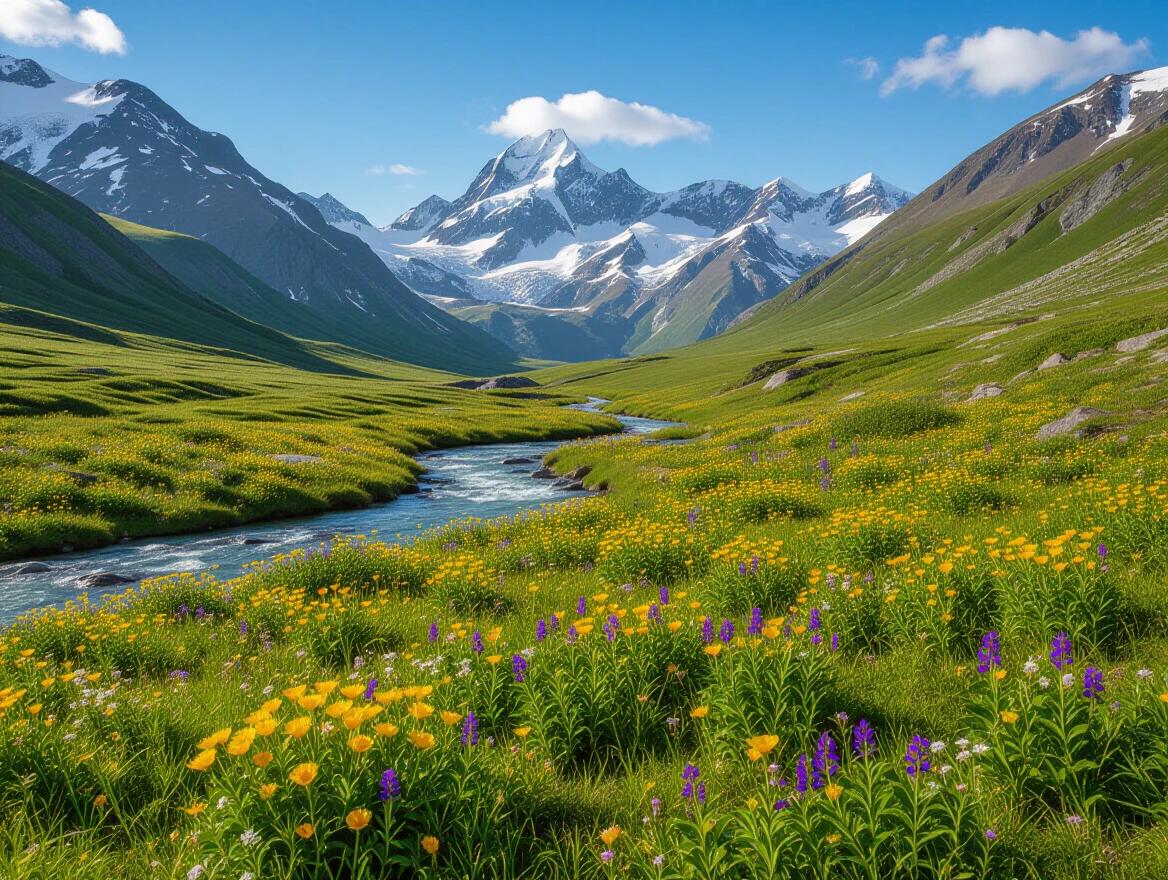 A valley filled with vibrant wildflowers. A river flows gently through the landscape. Snow-capped mountains rise majestically in the distance.