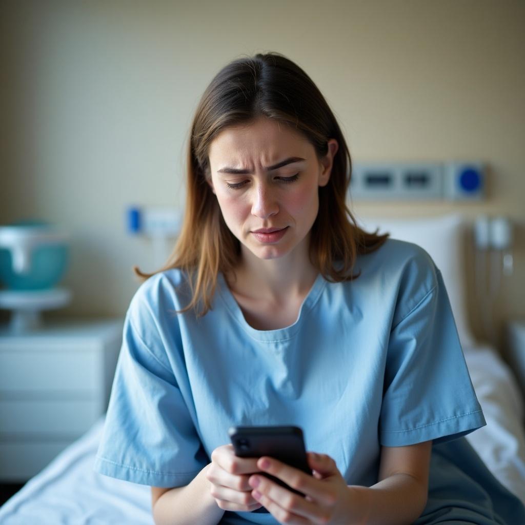 A patient in a hospital gown sitting on a bed looking at a phone. The patient appears to be experiencing pain or discomfort. The environment is a healthcare setting, with soft colors and lighting, emphasizing a sense of concern and uncertainty.