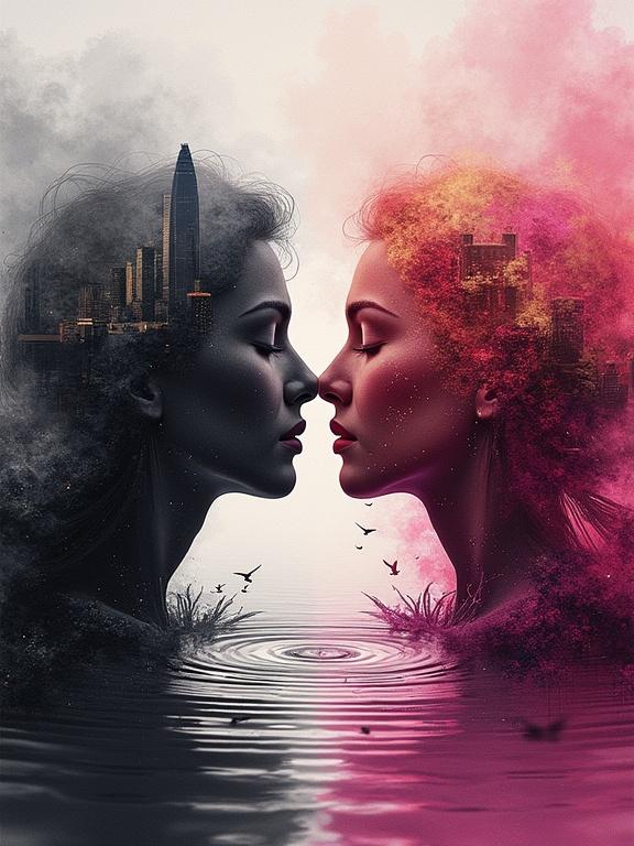 A surreal representation of two faces merging within a cityscape. Soft colors contrasting black and pink, reflects themes of love and kindness. Fluid water elements enhance visual interplay. Captures serenity and connection.