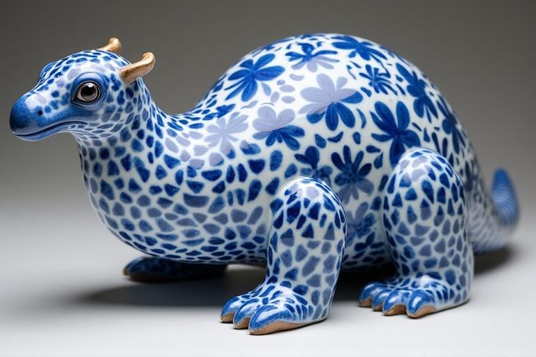 A decorative pangolin sculpted from ceramic. The design features blue and white china patterns with floral motifs. The figurine has a rounded body with distinct scales and a playful expression.