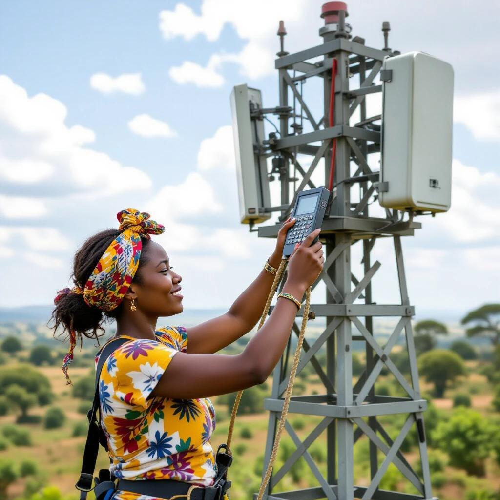 African woman climbs a telecom tower in a rural area. She wears a floral shirt and a headband. She uses a measuring device while focusing on the tower. It is a sunny day with a vast landscape in the background.