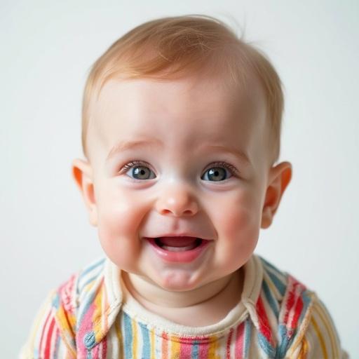 Close-up view of a cute baby showing only head and neck wearing colorful classic baby clothes smiling at the camera. Soft natural lighting with a plain bright background.