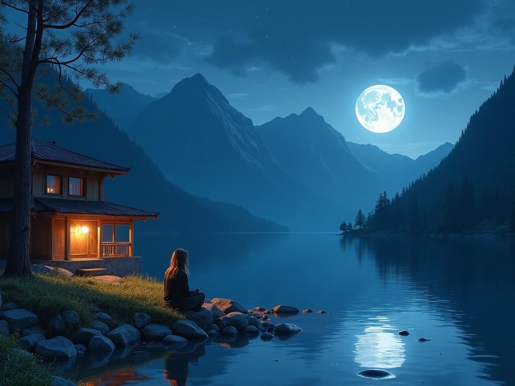 The image depicts a serene lakeside scene under a bright full moon. A wooden cabin illuminates with warm light, enhancing the tranquil ambiance. A person is seated on the rocky shore, gazing at the moonlit water. Towering mountains surround the scene, creating a sense of calm and solitude. This picturesque landscape evokes a feeling of peace and connection with nature.