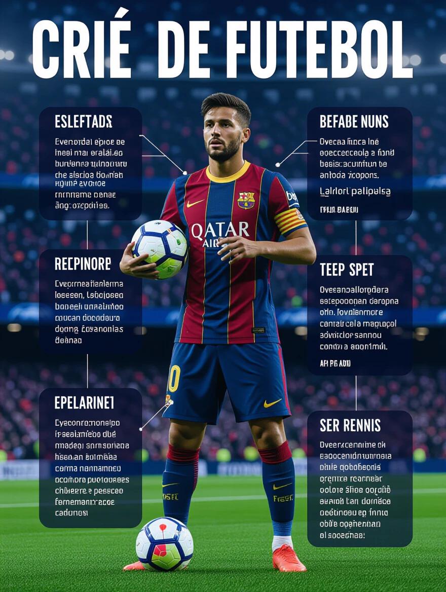 Create a soccer player with detailed attributes. Display in a professional football kit. Use a vibrant football stadium as the background. Highlight the player's stance and skills. Show informational text alongside.