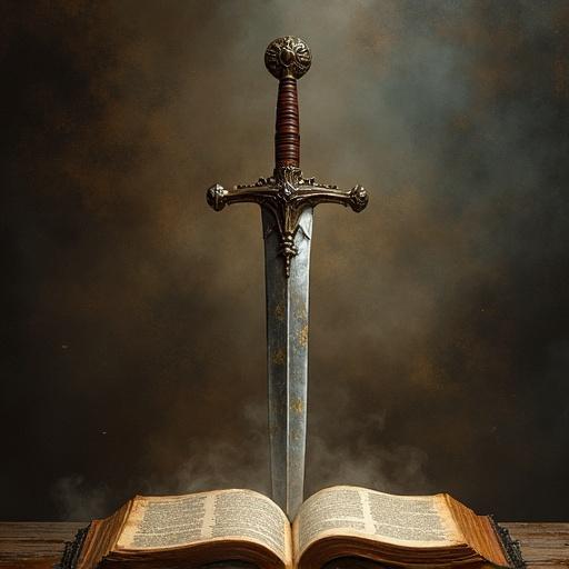 A majestic sword stands above an open Bible. The sword has intricate designs on the hilt. The Bible is detailed with aged pages. A soft atmosphere surrounds the scene. Smoke wisps gently around the items. The lighting creates a mystical ambiance.