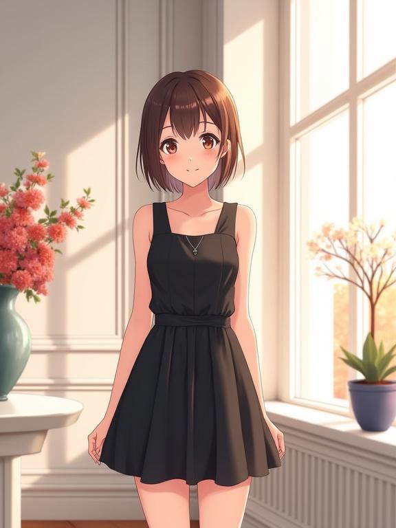 Anime-style fashion portrait of a young woman in a black sleeveless dress. Bright interior with white walls and flowers. Medium shot with warm light. Inviting pose and smile. Soft background elements enhance the scene. Text overlay about love for dresses.