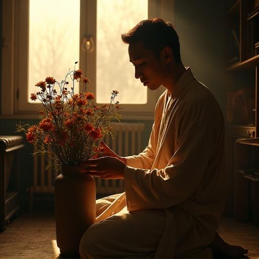 A Korean gay masseuse in a silk robe kneels in a dimly lit apartment. He arranges wilted flowers in a cracked vase. The room is cluttered with a suitcase and shelves. The warm, golden light of the setting sun casts shadows. The atmosphere is serene yet holds a sense of loss.