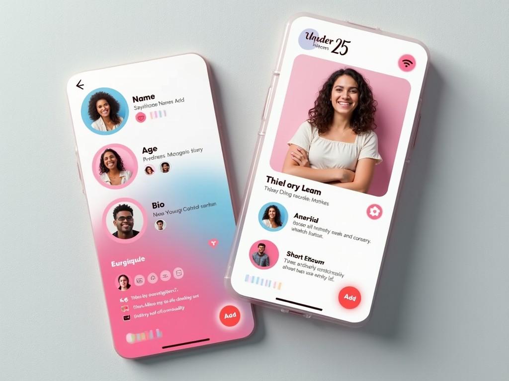 The image showcases a modern user profile card format for the Under 25 App. It features a vibrant design, utilizing a soft pink gradient background and user-friendly interface elements. The card includes essential user information such as name, age, and bio, along with engaging visuals of user avatars. This format is designed specifically for mobile use, aimed at younger audiences seeking interactive social connections. Enhanced with functionality for seamless navigation, this card fosters engagement and community building among users. The layout is clean and minimalistic, ensuring that information is easily digestible and visually appealing.