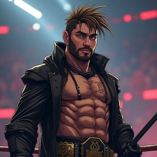 Anime character in a modern pro wrestling arena. A 37-year-old man with offblack eyes and a handsome face. He has oversized medium brown scraggly hair. The character is wearing grim reaper pro wrestling gear. His heritage is half Norwegian and half Saiyan. The character is 6'2, has a badass grin, and is holding a scythe. The setting is Tokyo at night, depicting him as a GPW heavyweight champion with 6 pack abs and muscular arms.