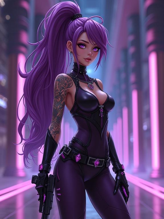 Anime character in futuristic dojo. Young woman training as assassin. Wearing sexy black bodysuit. Amethyst purple hair in oversized ponytail. Serious expression. Holding futuristic laser gun. Surrounded by neon lights.