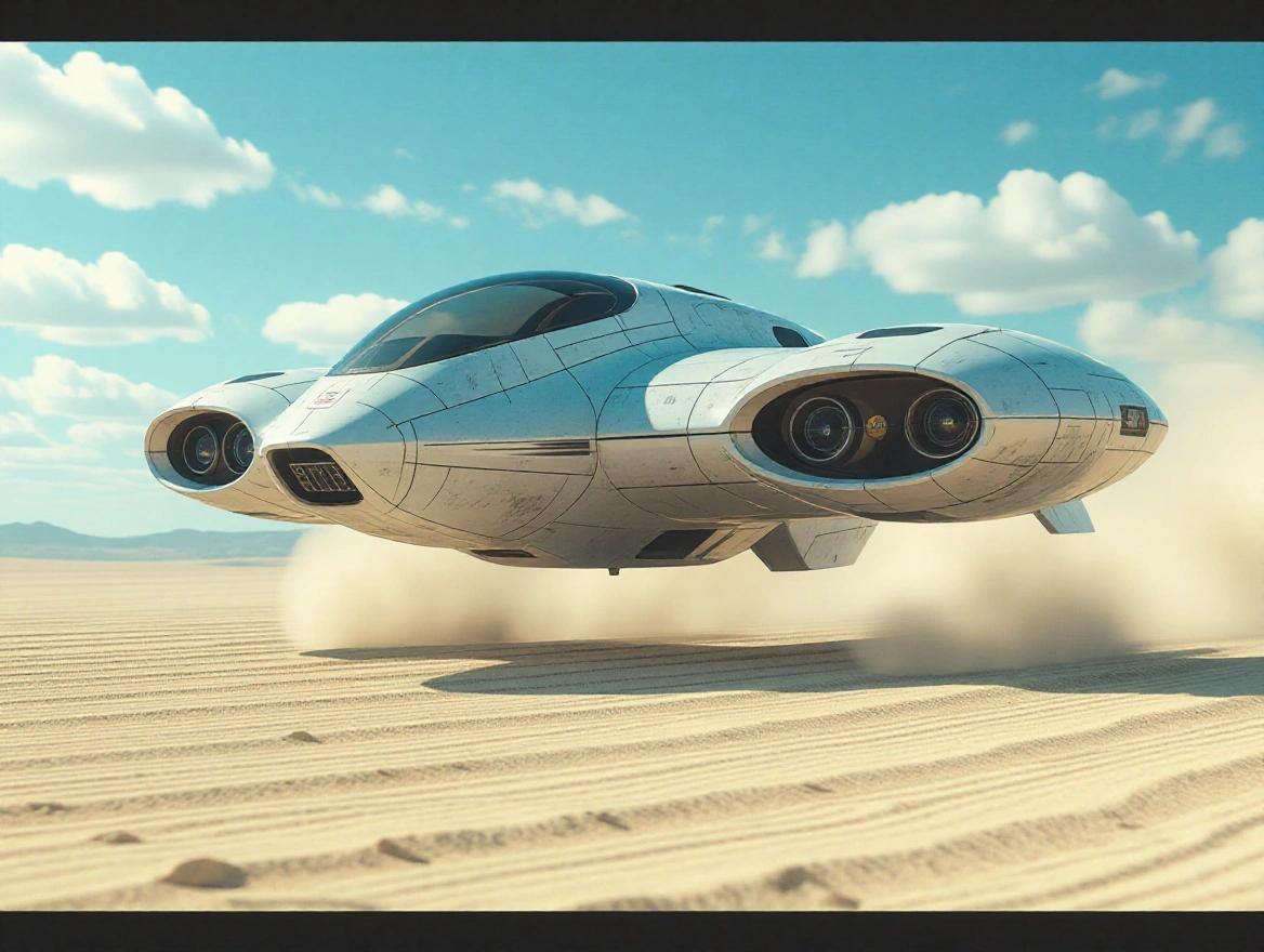 A small light grey sleek specular sci-fi military hover drone with two round Dyson propellers in a white desert. Dust blowing around the drone under a blue sky with clouds. High realism, detailed textures, and shadows.