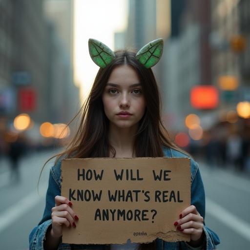 A young woman stands in a busy city street holding a cardboard sign. The sign reads 'HOW WILL WE KNOW WHAT’S REAL ANYMORE?' There are two glowing green antennas on her head. She wears a denim jacket and looks serious. The background features tall buildings and streetlights, creating a dusk atmosphere. The lighting is soft and creates gentle shadows.