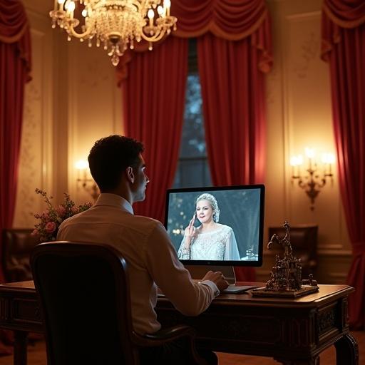 A vintage-inspired room with chandeliers and velvet curtains. A developer sits at an antique desk with dual screens. One screen displays Python code; the other features Katherine Jenkins performing in a gown. The developer leans back with a smile, enjoying the blend of music and coding.
