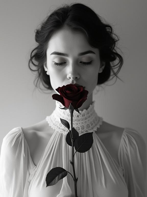 A beautiful woman with porcelain skin holds a red rose over her lips. She wears a flowing gown with lace. Her eyes are downcast. The background is soft and gradient. The style is black and white with high contrast.