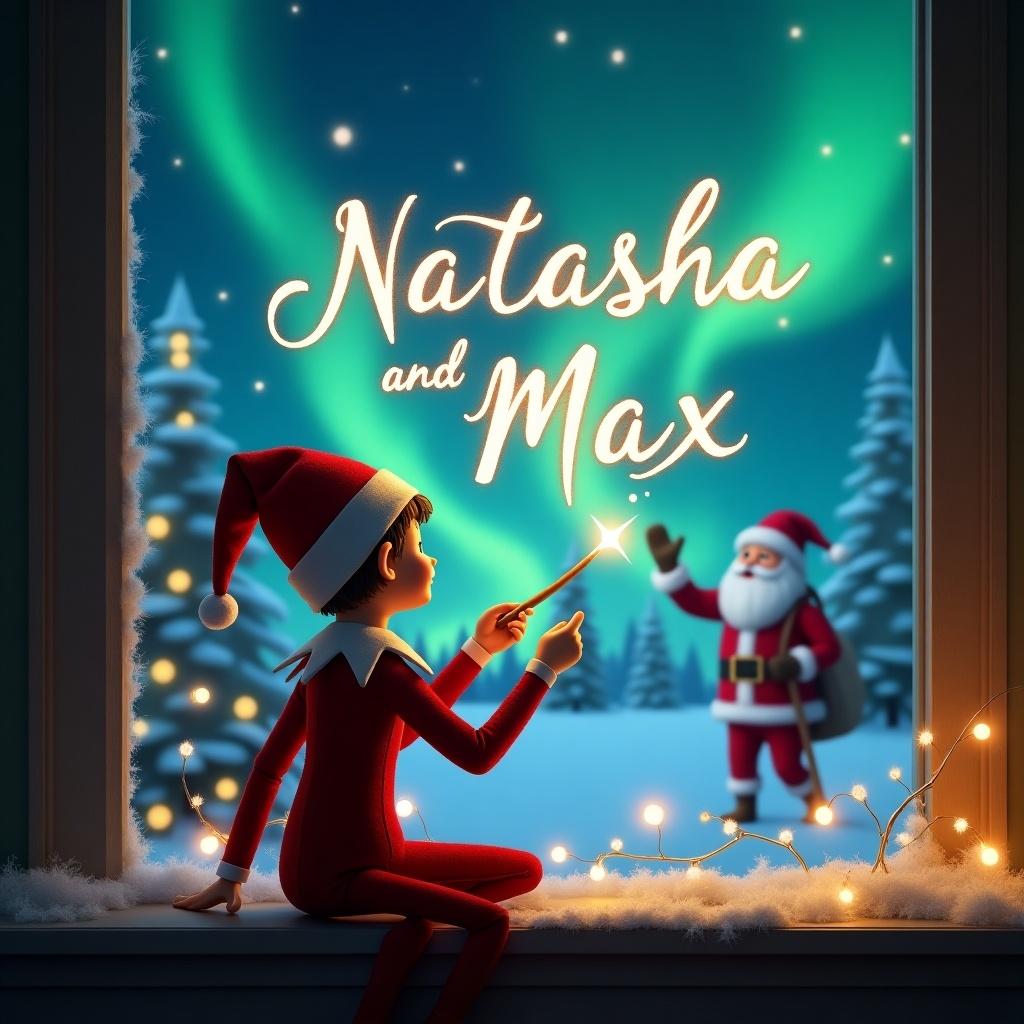 Elf faces the sky with a wand. Writes names in the air. Background features Christmas elements. Northern lights and Santa in view. Snowy window scene.