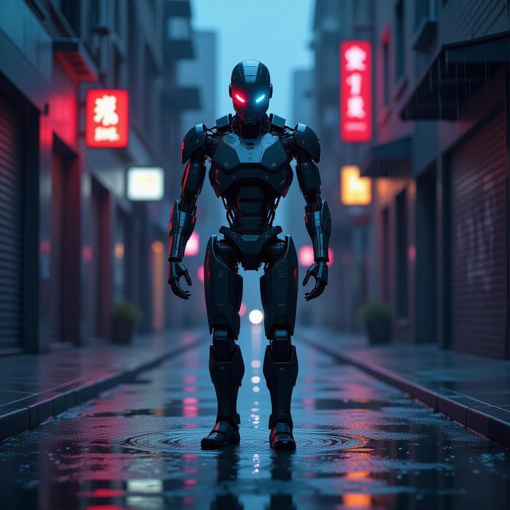 A deactivated cyborg stands in a rain-soaked alleyway. Metallic limbs are twisted at unnatural angles. Neon city lights reflect in the puddles on the ground.