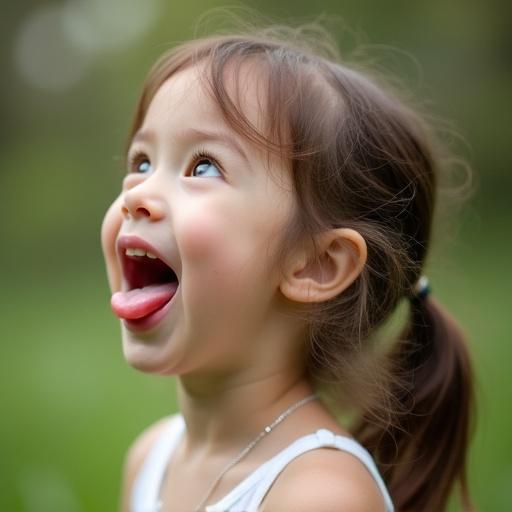 Image shows a little girl in profile. Mouth is wide open with tongue out. The girl has a joyful expression. She stands in a natural setting among greenery. The colors are soft and inviting.