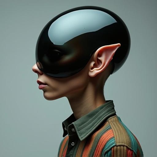 ¾ profile portrait photograph of a hairless person. Head covered with dark glass structure. Professional studio lighting reflects on glass. Person wearing colorful striped shirt. Shirt includes dark turquoise, green, brown, orange, red stripes with blue strokes. Unclear face inside glass, with brown liquid resembling coffee. Pointy ear outside glass structure. Standing against light grey backdrop.