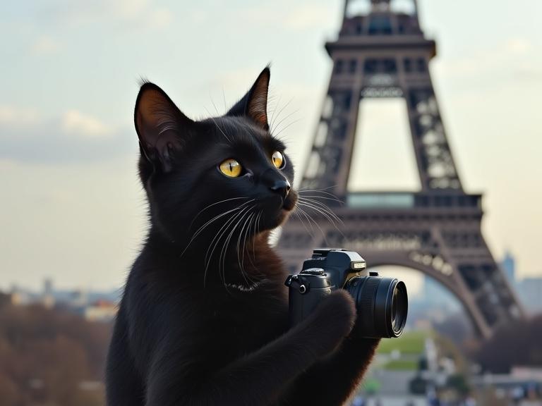 Realistic rendering of a young humanoid black kitten holding a camera standing in front of the Eiffel Tower