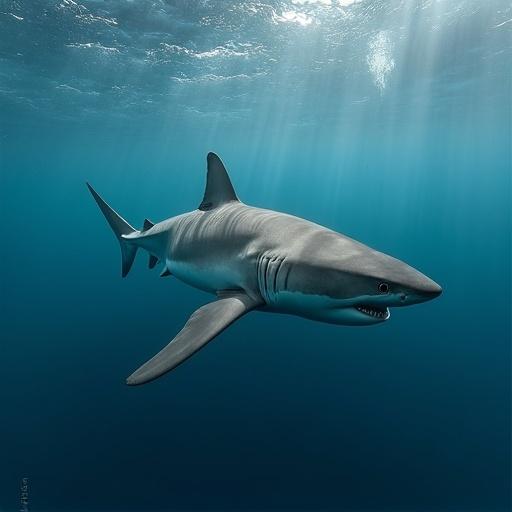 A shark swimming straight toward the camera in clear blue water with soft lighting. The shark is prominently featured at the center, showcasing its streamlined body.