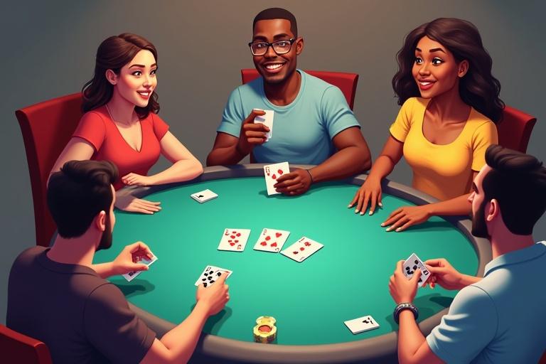 Lively 2D scene of diverse individuals engaged in a rummy game. Characters seated around a table holding cards. Emphasize strategic gestures and expressions. Modern 2D cartoon style with an overhead angle. Central card deck and discard pile present. Uniform marine-colored card backs and scorecards included. Soft directional lighting for texture.