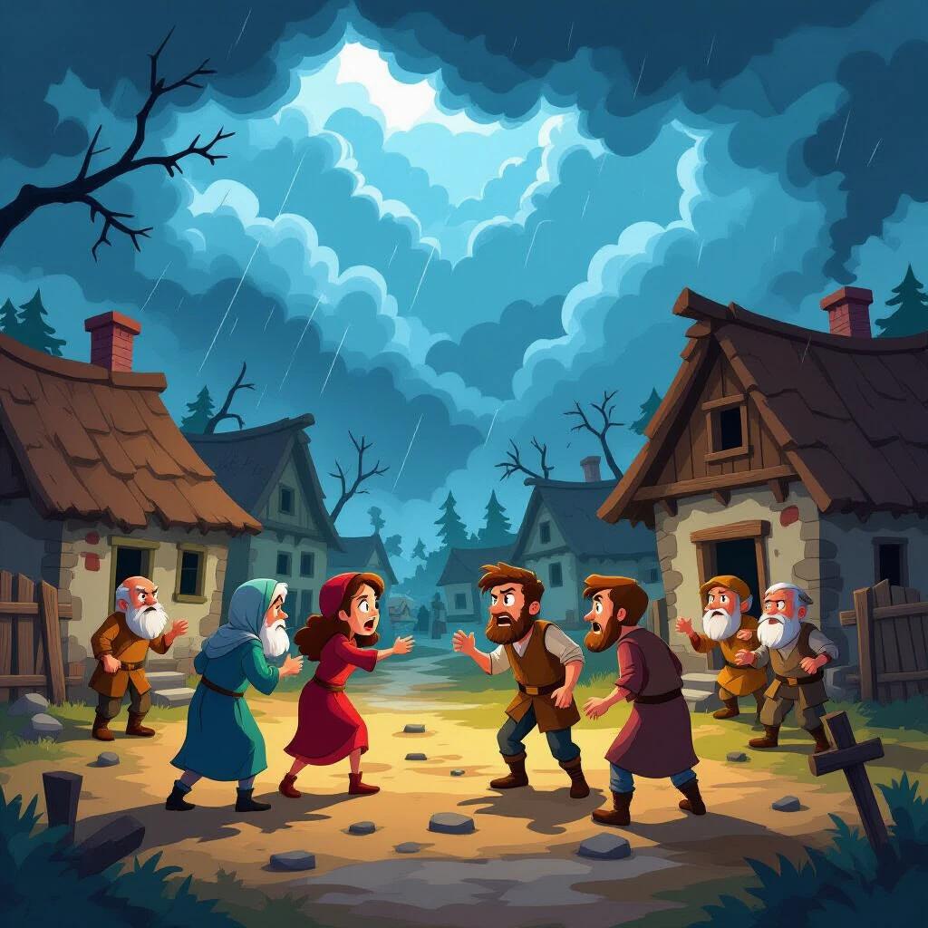 Illustration of an ancient village scene. Characters are engaged in a heated argument. Broken houses surround the area. Dark stormy clouds loom overhead. Expressive emotions of sadness and anger are visible. Shadows and muted colors dominate. Vivid highlights add contrast to the scene. Cartoon style is clean and detailed. Wide view encapsulates the conflict atmosphere.