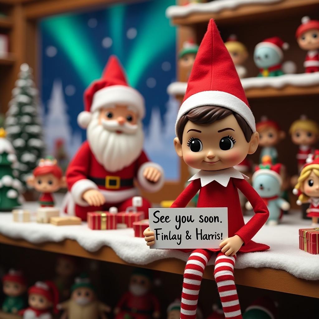 An elf on the shelf dressed in a bright red outfit is holding a small sign that reads 'See you soon Lilly and Lucas'. The elf's expression is cheerful and friendly. Nearby, Santa Claus is visible in a lively toy workshop filled with Funko Pop figures. Background shelves lined with toy-making tools create an atmosphere of holiday magic and joy.