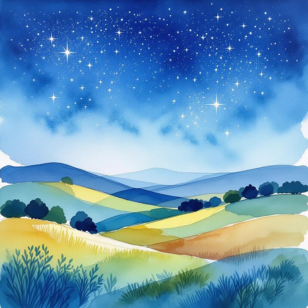 Abstract watercolor painting of serene landscape Rolling hills under starry night sky