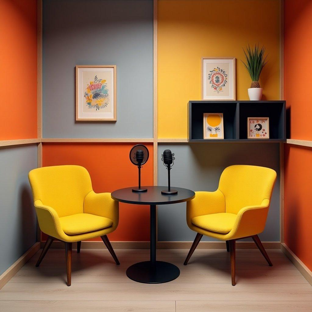 Modern podcast set with vibrant colors. Two bright yellow chairs and a circular table. Professional microphones are on the table. The backdrop features grey and orange panels. Creative collectibles are displayed on shelves. Inviting space for recording and conversation.