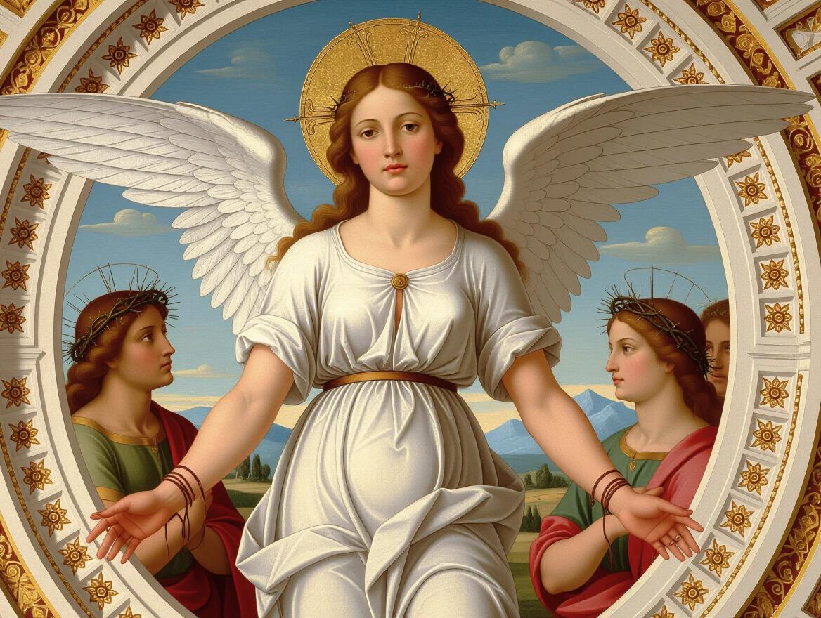 An Italian Renaissance style fresco painting inspired by Michelangelo. Human figures with detailed anatomy. An angelic woman in a white tunic partially open showing legs with fishnet stockings and garter. Aureola and white wings with stigmata on hands, a crown of thorns with slight traces of blood on the face. Hands bound. Next to her a muscular Black man with curled goat horns, shirtless in leather pants, long straight hair, and bat wings. He opens her tunic from the chest while she kisses his chest. The background is a dark cave.