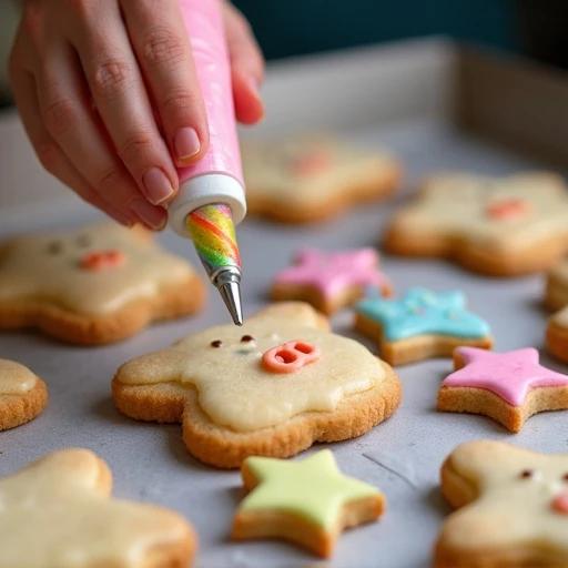 A round pig baker decorates star-shaped cookies with icing tubes. Rainbow swirls come out from the tubes. The scene captures colorful icing on cookies. Enjoyable baking activity in a cozy kitchen.