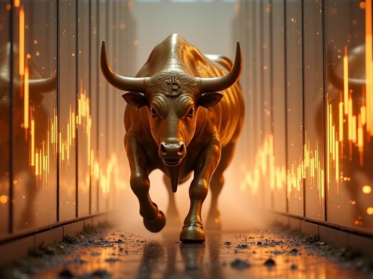 Massive golden bull charging through transparent panels. Candles and charts rise behind with each step. Futuristic time corridor. Energetic atmosphere. Dust and fire particles. Bitcoin symbol on bull's chest. Realistic bull anatomy. Motion blur. Glowing data panels.