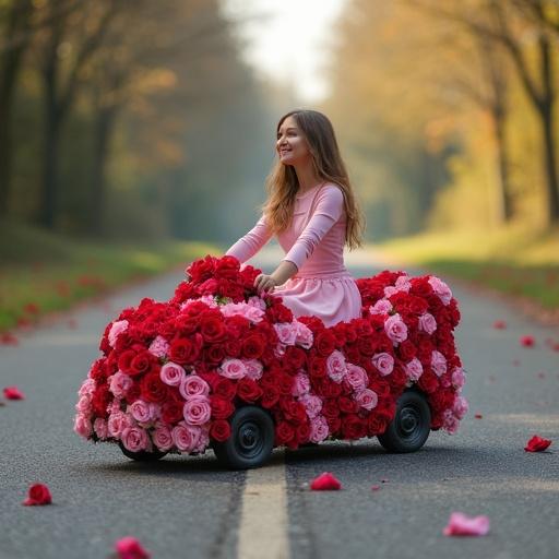 Shoe box covered with floral design. Happy red and pink roses. Box on a road like a car. Beautiful 25 years girl sitting on the box as if riding it.