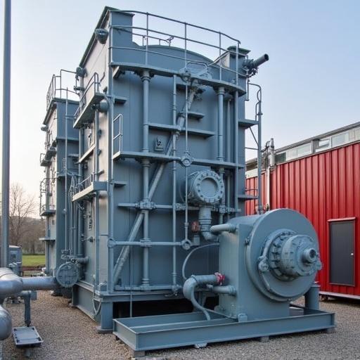 Large industrial catalyst system for block heating power plants. Gray machinery with pipes and a red building in the background. Viewed from a three-quarters angle in natural daylight.