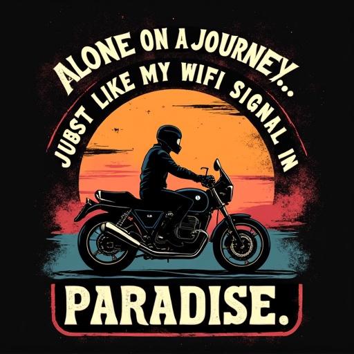 Design a vintage-style BMW motorcycle t-shirt featuring bold handwritten text. Text includes 'ALONE ON A JOURNEY... JUST LIKE MY WIFI SIGNAL IN PARADISE.' on a distressed black background. Illustration of motorcycle riding into a sunset adds to the design.
