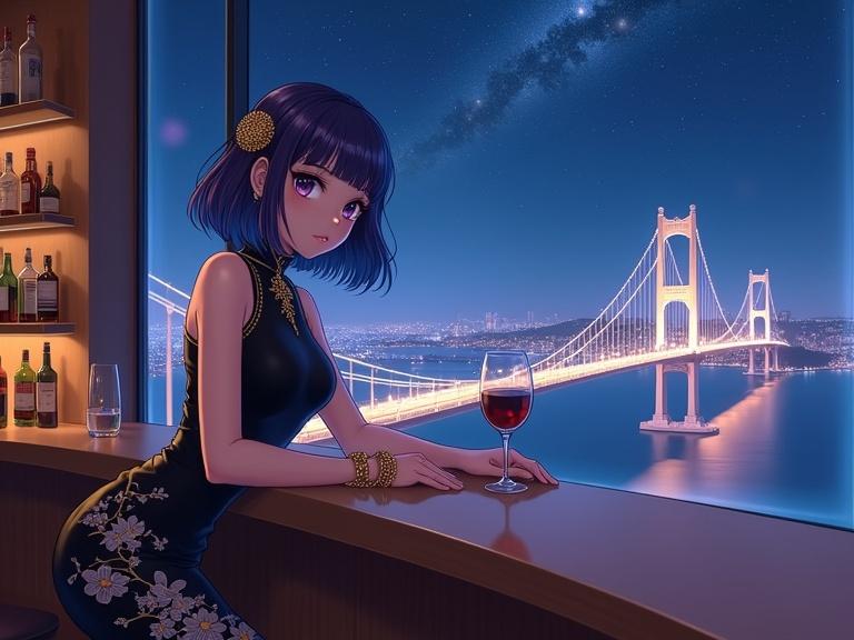 Anime-style lady at bar counter. Elegant high-rise lounge with panoramic window. Dark violet hair, golden ornaments. Confident expression. Black dress with floral patterns. Liquor bottles in background. Scenic night view with suspension bridge and Milky Way.
