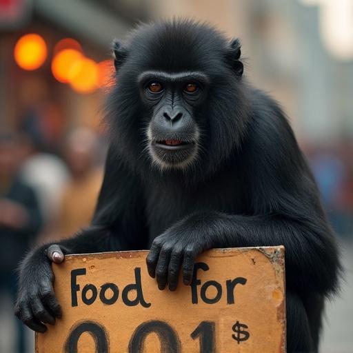A black monkey selling Indian street food. The monkey is holding a poster that says 'food for 0.01 dollars'. The setting looks like a busy street with blurred people in the background.
