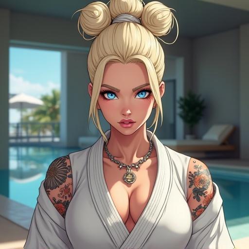 Anime character in a luxurious dojo in Miami. Woman has frosted blue eyes, oversized light blonde bun, serious expression. Dressed in a judo gi with edgy elements. Features include colorful tattoos, double belly button ring, and muscular physique. Morning light enhances the modern space.