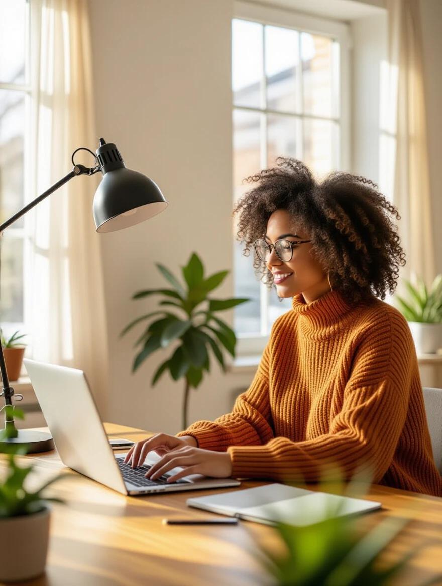 Woman working on laptop in home office. Cozy atmosphere with plants. Natural light from windows. Warm colors dominate the scene.