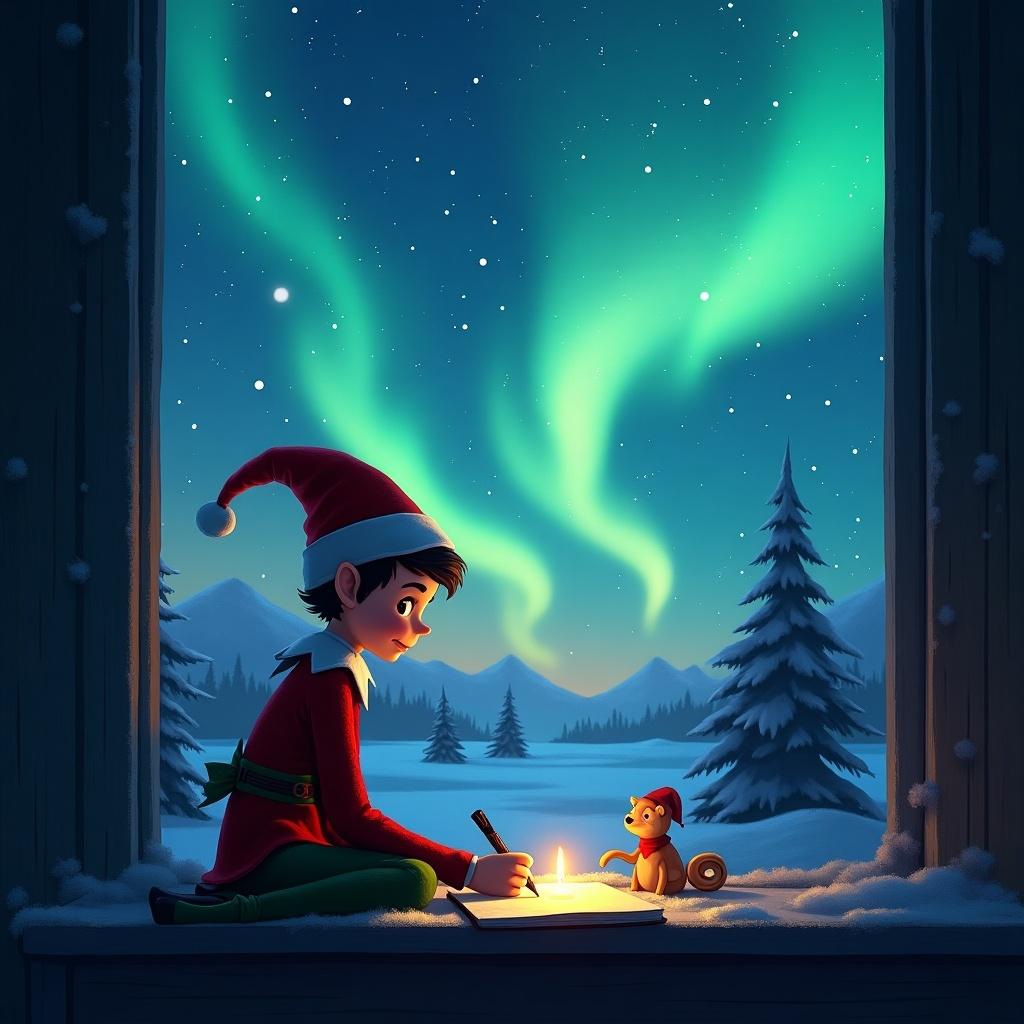 Elf wearing a red hat is writing a note. Northern lights illuminate the sky. Snowy landscape is visible in the background. A candle flickers beside the elf. A playful atmosphere evokes wonder.