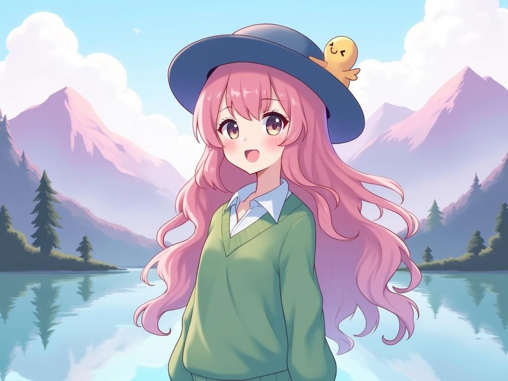 The image features a young female character, likely of East Asian descent, with long, wavy pink hair and a light complexion, wearing a green sweater layered over a collared shirt and a blue hat adorned with a small bird. She stands in a scenic outdoor setting by a serene lake, surrounded by stylized mountains in varying shades of purple and white, with hints of pink that suggest a whimsical atmosphere. The background includes small trees and a broadly smiling yellow bird, adding a playful touch to the overall pastel color palette and soft, bright lighting that enhances the cheerful and fantastical feel of the scene.