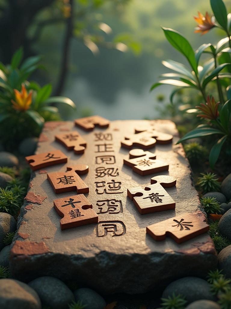 Wooden tangram puzzle pieces scatter over worn stone tablet. Tablet features etched Chinese seal script. Surrounded by lush green plants and misty atmosphere. Evokes mystique of ancient Asia. Rich color palette showcases nuances. Soft golden lighting enhances scene.