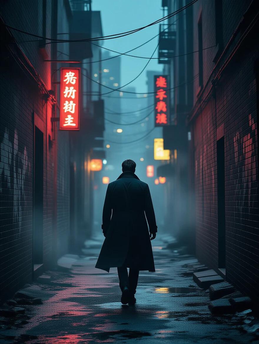 A solitary figure dressed in a long coat walks through a dark alleyway. Neon signs flicker in the dusk light. The atmosphere is filled with mist. Shadows appear to loom above the character. The scene conveys a tense mood.