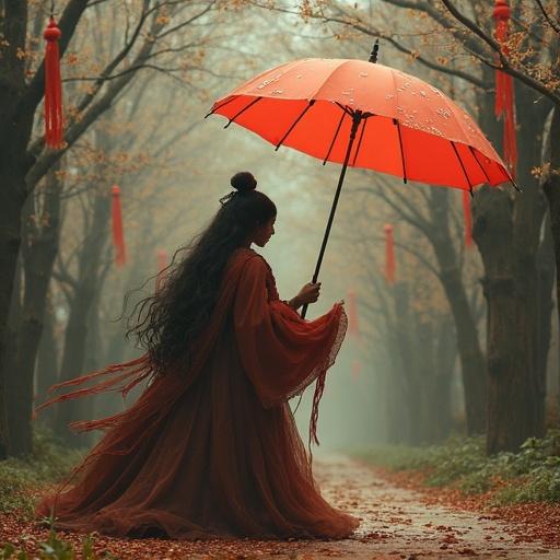 A woman with long hair wears a flowing red dress while holding a red umbrella in a foggy forest path surrounded by trees with red decorations. The scene conveys tranquility and elegance in nature.