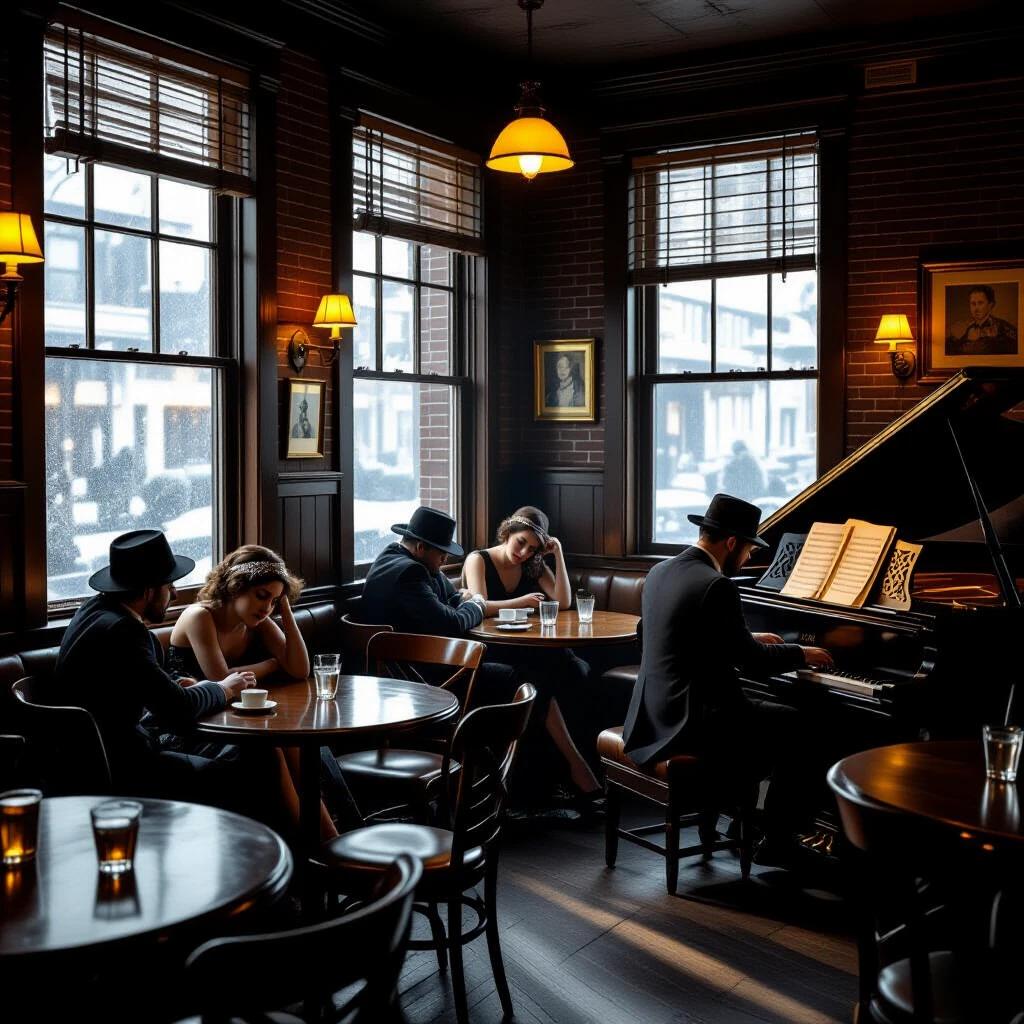1920s speakeasy scene transitioning to morning. Patrons asleep at tables. Dawn light creeping through boarded windows. Pianist playing softly. Ultra realistic.