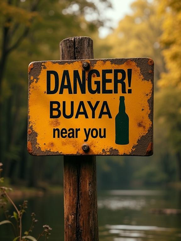 A weathered wooden sign mounted on a sturdy wooden post in a dense forest setting. The sign has a warm golden yellow base color with weathered texture. Bold black text reads 'DANGER!' at the top, followed by 'BUAYA near you!' with a dark green bottle silhouette beside it. The background features a blurred natural environment bathed in golden hour lighting, with soft, warm colors and inviting shadows.