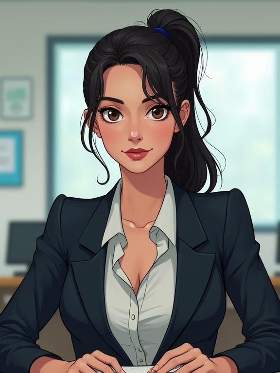 Upper body portrait of a mature female in a business suit. Sitting behind a desk in a school office. Dark hair styled in a ponytail. Light eyes with sharp features. Blouse visible under the suit jacket. Soft diffused lighting creates a smooth appearance.