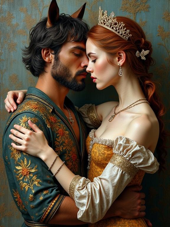 A male figure with horse ears embraces a female figure in a historical costume. The female has a gold gown with intricate details. Both figures are set against a textured background. The scene is intimate and fantasy-themed.